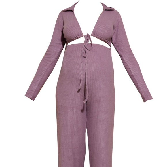 Lilac Brushed Rib Cut Out Polo Wide Leg Jumpsuit - Picture 4 of 4